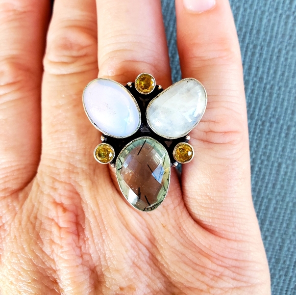 New Rutile Quartz, Opalite, Citrine & Rainbow Moonstone 925 Silver Ring. - Picture 12 of 14